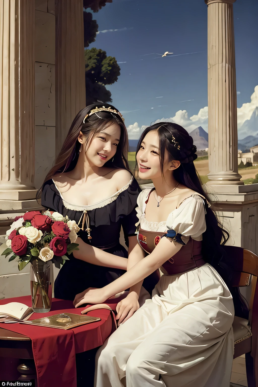 Giorgione painting style,Arguments of two female Philosophe,math、astronomical machine、astronaut、roses in vase、fruits、Cute trinkets、smile、ancient greek costume、Ancient Roman landscape in the style of Nicolas Poussin,laughter,,Sweet and seductive appearance.、Caravaggio's paintings、Chiaroscuro of Caravaggio、hair tousled by the wind,Two women frolicking,cute smile, expression of ecstasy,Sexy,erotic