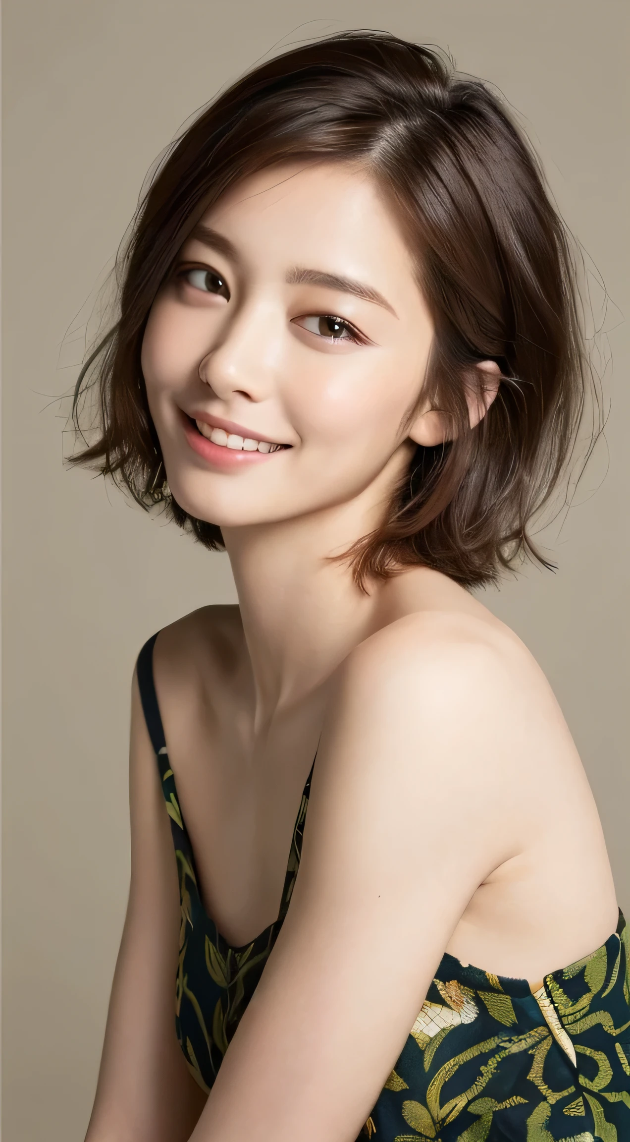 ((highest quality, 8K, masterpiece: 1.3)), 1 girl, The beauty of slim abs: 1.3, (Hairstyle brown hair short cut, big: 1.2), dress: 1.1, Super slender face, delicate eyes, double eyelid, smile, Home, Raw photo