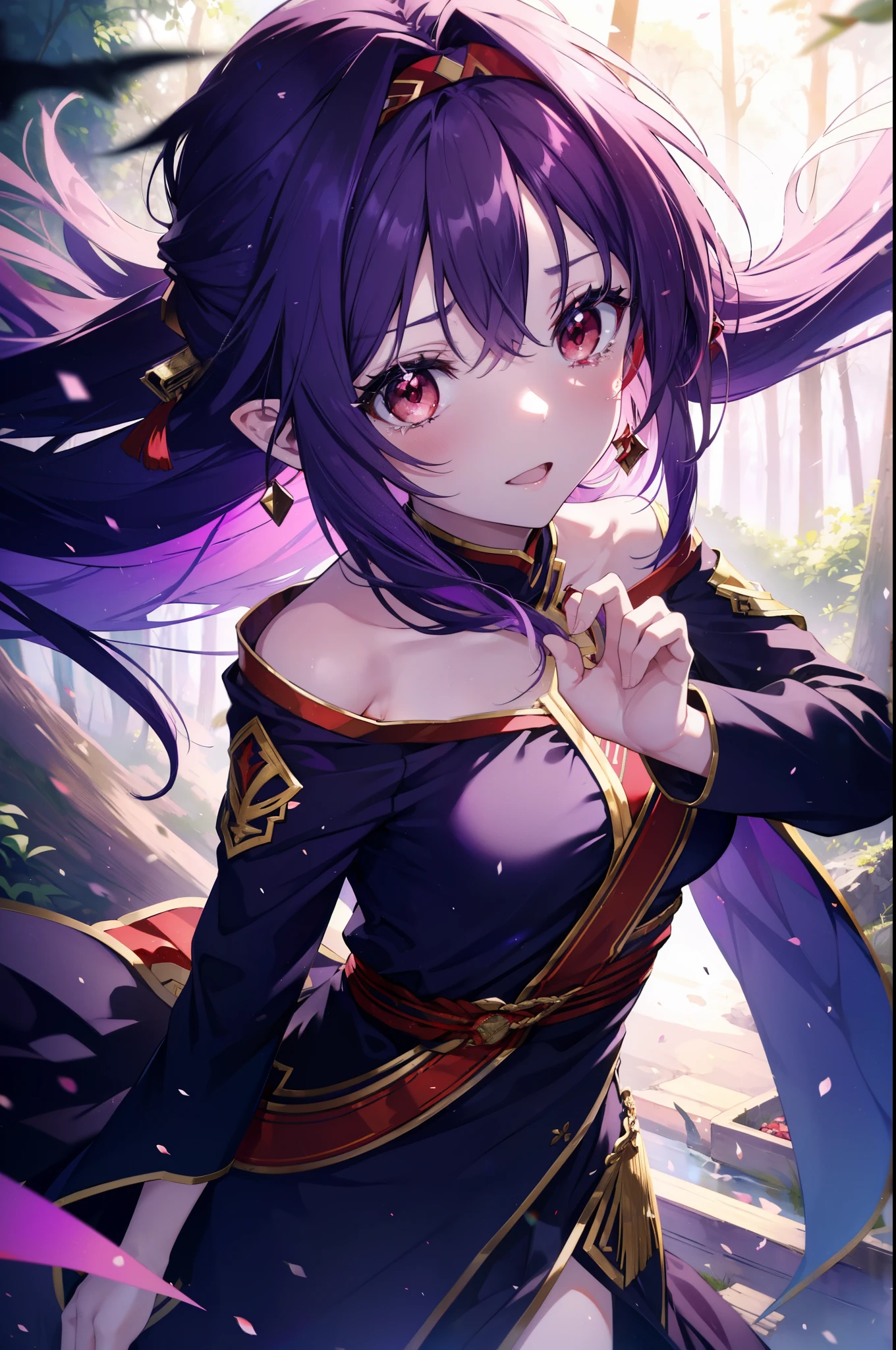 yuukikonno, Yuki Konno, hair band, long hair, pointed ears, purple hair, (red eyes:1.5), (small breasts:1.2), open your mouth,open your mouth,crying with both eyes closed,tears run down her face,嬉し泣き
break black Thighhighs, removed sleeve, Thighhighs, dress, purple dress, armor, purple armor,
break looking at viewer, Upper body, full body,
break outdoors, forest, nature,
break (masterpiece:1.2), highest quality, High resolution, unity 8k wallpaper, (figure:0.8), (detailed and beautiful eyes:1.6), highly detailed face, perfect lighting, Very detailed CG, (perfect hands, perfect anatomy),