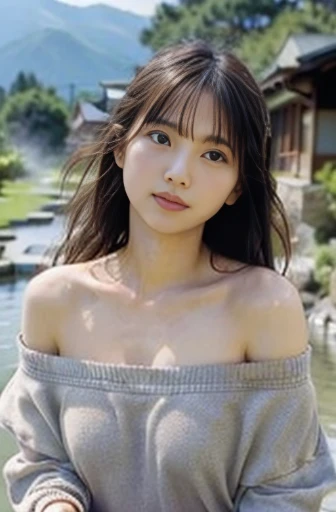hot spring, walking, messy hair, off shoulder, japanese, closeup shot, front view, ground-level shot