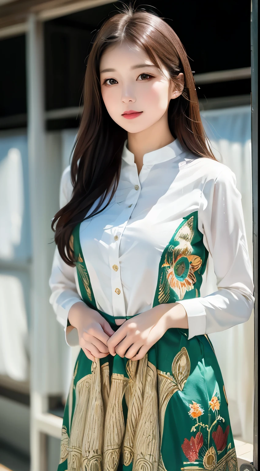 Girls wearing Ao Dai are sewn with thin silk or cotton fabric, There is a long white style that hugs the body.、very detailed, The peacock pattern on the front of the shirt is very detailed., The girl stands in a very nice space with many details