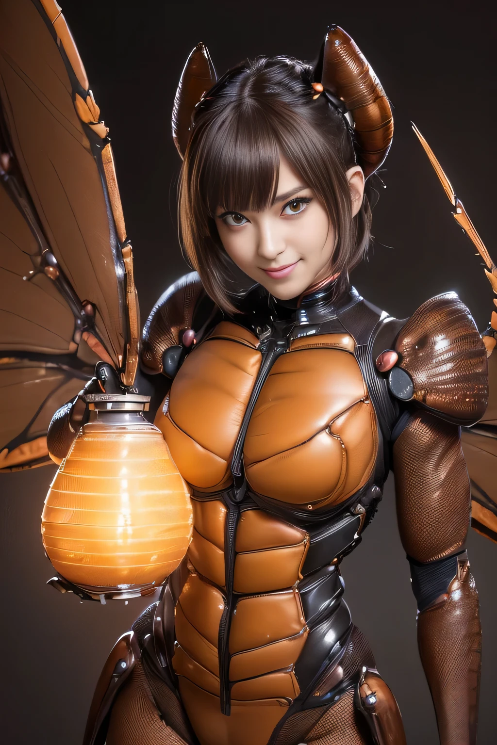(High resolution,masterpiece,highest quality,Very detailed CG, anime, official art:1.4), realistic, photograph, amazing detail, all complicated, luster and luster,great many layers, 8k wallpaper, 3D, sketch, cute, figure,( alone:1.4), perfect female proportions,villain&#39;s daughter, (Fusion of dark brown cockroach and lady:1.4), (brown cockroach form lady:1.2), (brown cockroach woman:1.2), (Fusion:1.2), (alone:1.4), (evil smile:1.2), muscular, abs, (Cockroach brown exoskeleton bio insect suit:1.4), (Cockroach brown exoskeleton bio insect armor:1.2), (brown transparent cockroach feathers:1.4), (brown cockroach antenna:1.3),