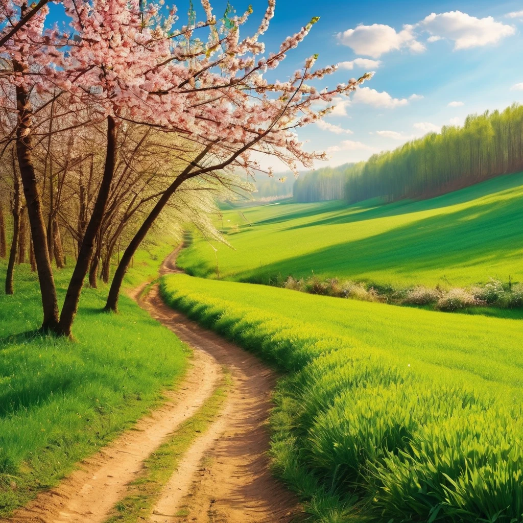A spring morning on various places. Masterpiece, realistic photo. Colorfull background. Sharp details