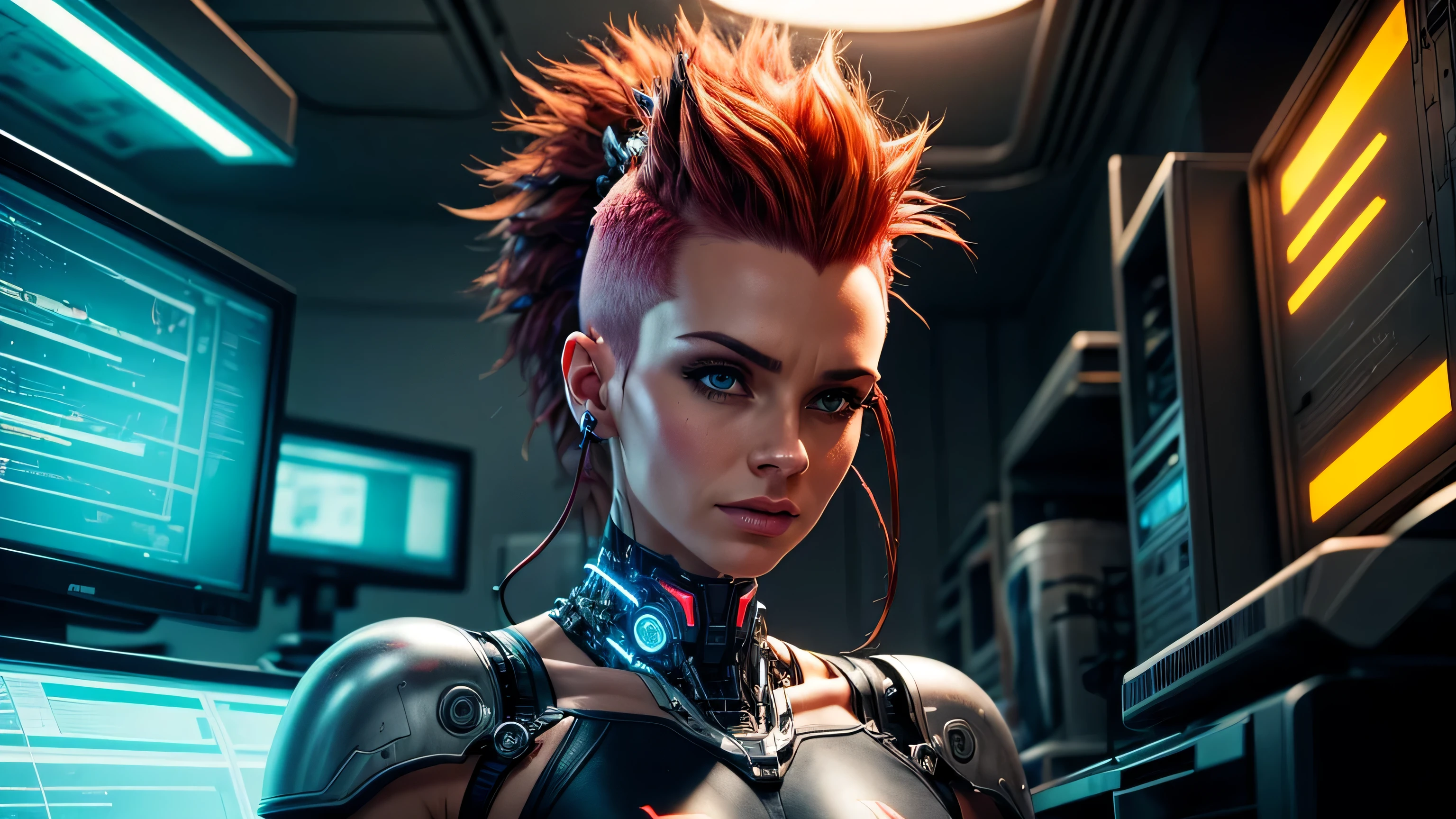 Portrait of a cyborg in a medical laboratory. Full length shot, (cybernetic implants:1.3), ((photo realistic:1.3)), (electronics:1.1), (electrical wires:1.2), (bright colors:1.2), blade runner lighting, Heavy metal, Caucasian Woman, red hair mohawk,(depth of field:1.1)