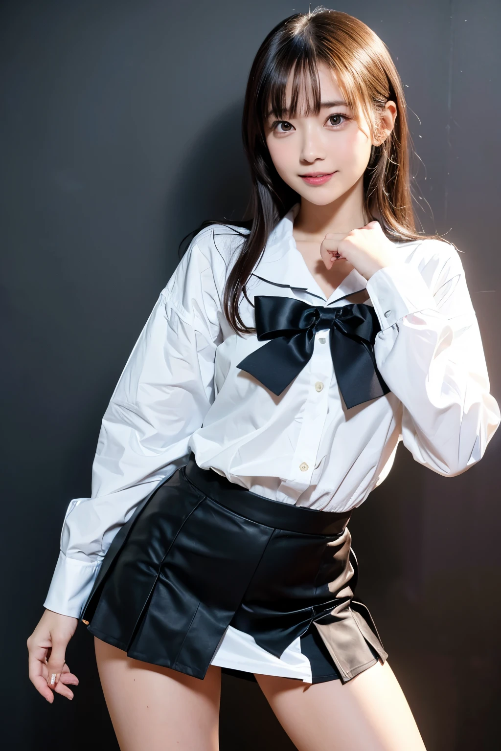 "(Best Quality, 4K, 8K, hight resolution, masutepiece:1.2), Ultra-detailed, Realistic:1.37, short light brown hair, High School Girl, Sailor Uniform, Black School Miniskirt, Super Super Slender Body, Super big breasts, Shy and cute face, Beautiful smile, Lift her skirt to show her underwear(Panchira)"