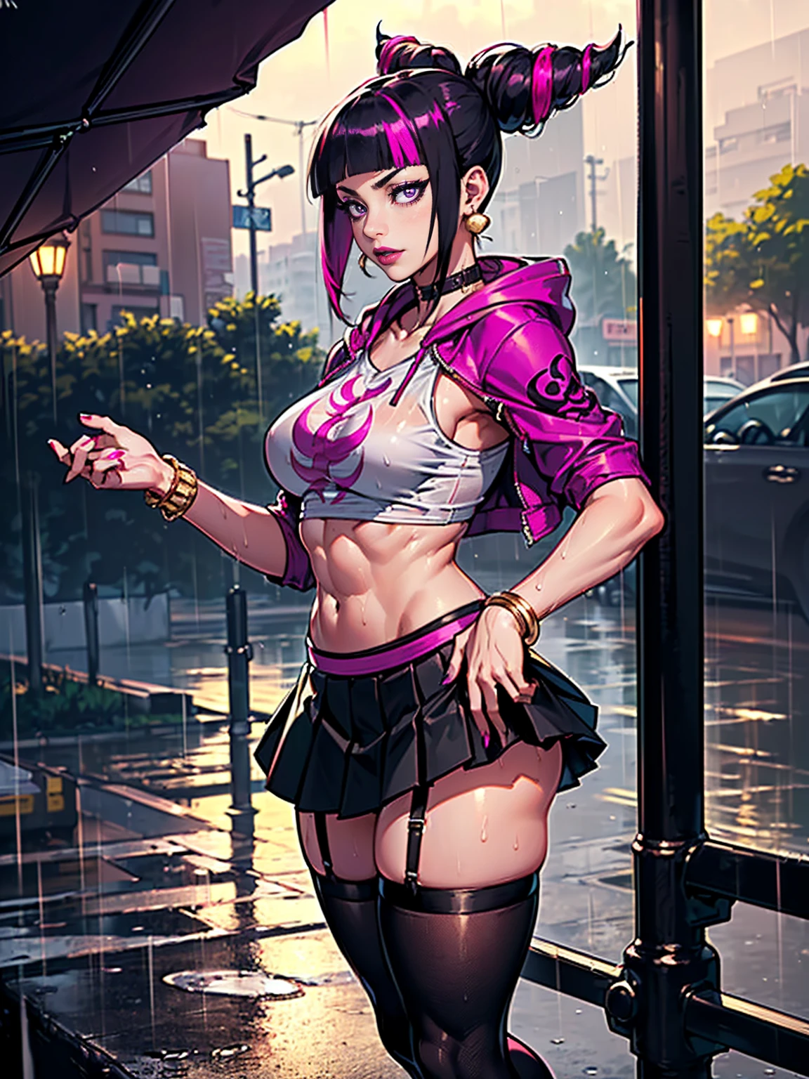 ((1girl, solo ,alone, Juri Han, pretty Juri Han from Street Fighter, big ass, purple eyes, purple eyes, thrjuri, multicolored hair, purple eyes, twojuri, foujuri, muscular female, gold bracelets, ruby earrings)), athletic body, toned body, fitness, ((solo, (1woman, pink lipstick), Extremely detailed, ambient soft lighting, 4k, perfect eyes, a perfect face, perfect lighting, a 1girl)), ((fitness,, shapely body, athletic body, toned body)), ((on a cloudy street，bright street，Corner store，stair station，Torrential rain and rain，She is wearing a red hooded jacket，Put on a hoodie，White color blouse, white printed blouse，Short black skirt, full skirt, black pleated skirt, black garter belt，Martin shoes，Rain-soaked clothes，Black Exposure，outdoor deep tent)), draped collar