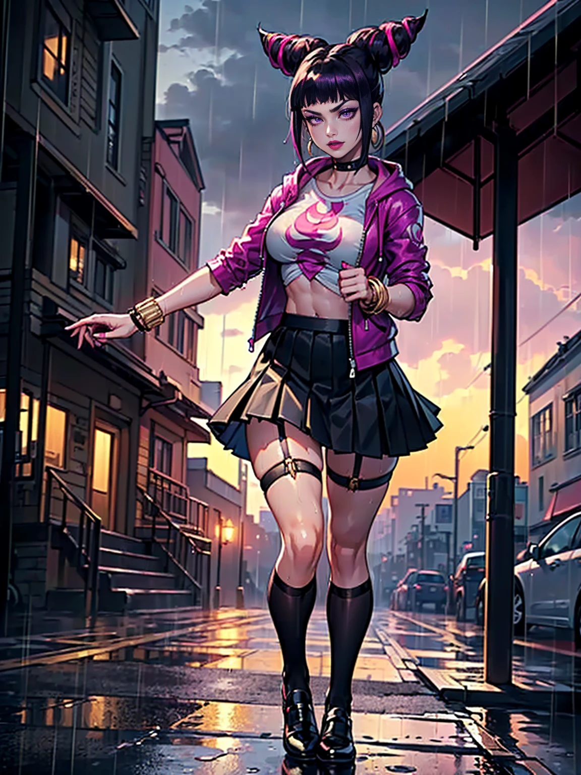 ((1girl, solo ,alone, Juri Han, pretty Juri Han from Street Fighter, big ass, purple eyes, purple eyes, thrjuri, multicolored hair, purple eyes, twojuri, foujuri, muscular female, gold bracelets, ruby earrings)), athletic body, toned body, fitness, ((solo, (1woman, pink lipstick), Extremely detailed, ambient soft lighting, 4k, perfect eyes, a perfect face, perfect lighting, a 1girl)), ((fitness,, shapely body, athletic body, toned body)), ((on a cloudy street，bright street，Corner store，stair station，Torrential rain and rain，She is wearing a red hooded jacket，Put on a hoodie，White color blouse, white printed blouse，Short black skirt, full skirt, black pleated skirt, black garter belt，Martin shoes，Rain-soaked clothes，Black Exposure，outdoor deep tent)), draped collar