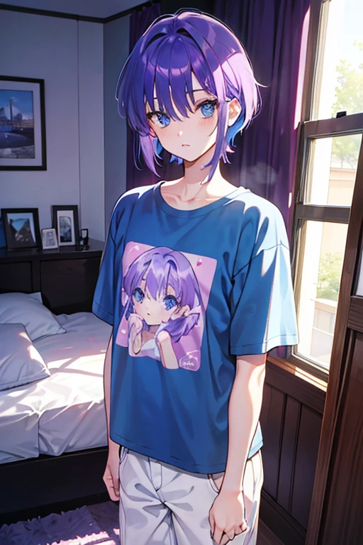 hair over eyes, purple hair, blue eyes, t-shirt, standing, Fair skin, indoors, bedroom, looking at viewer, 1990s (style), --niji 5 --ar 2:3