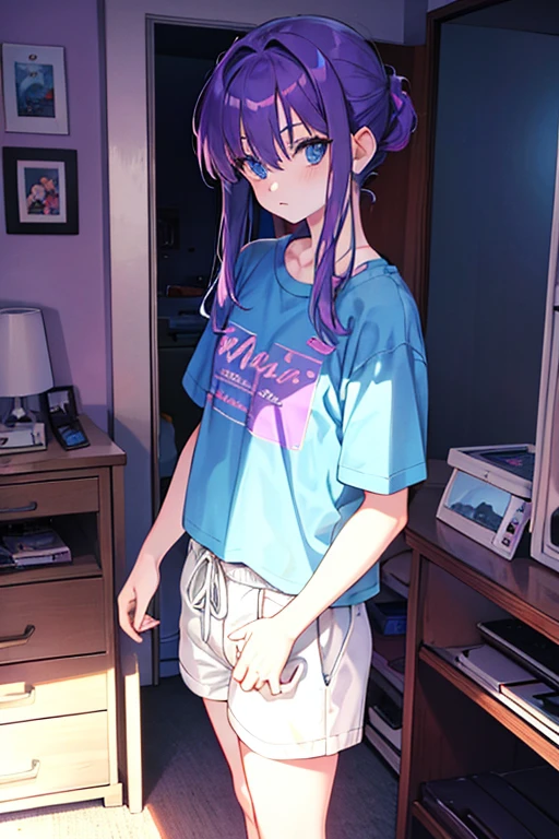 hair over eyes, purple hair, blue eyes, t-shirt, standing, Fair skin, indoors, bedroom, looking at viewer, 1990s (style), --niji 5 --ar 2:3