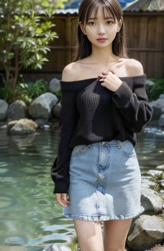 full body shot, hot spring, walking, messy hair, off shoulder, japanese, closeup shot, front view, ground-level shot