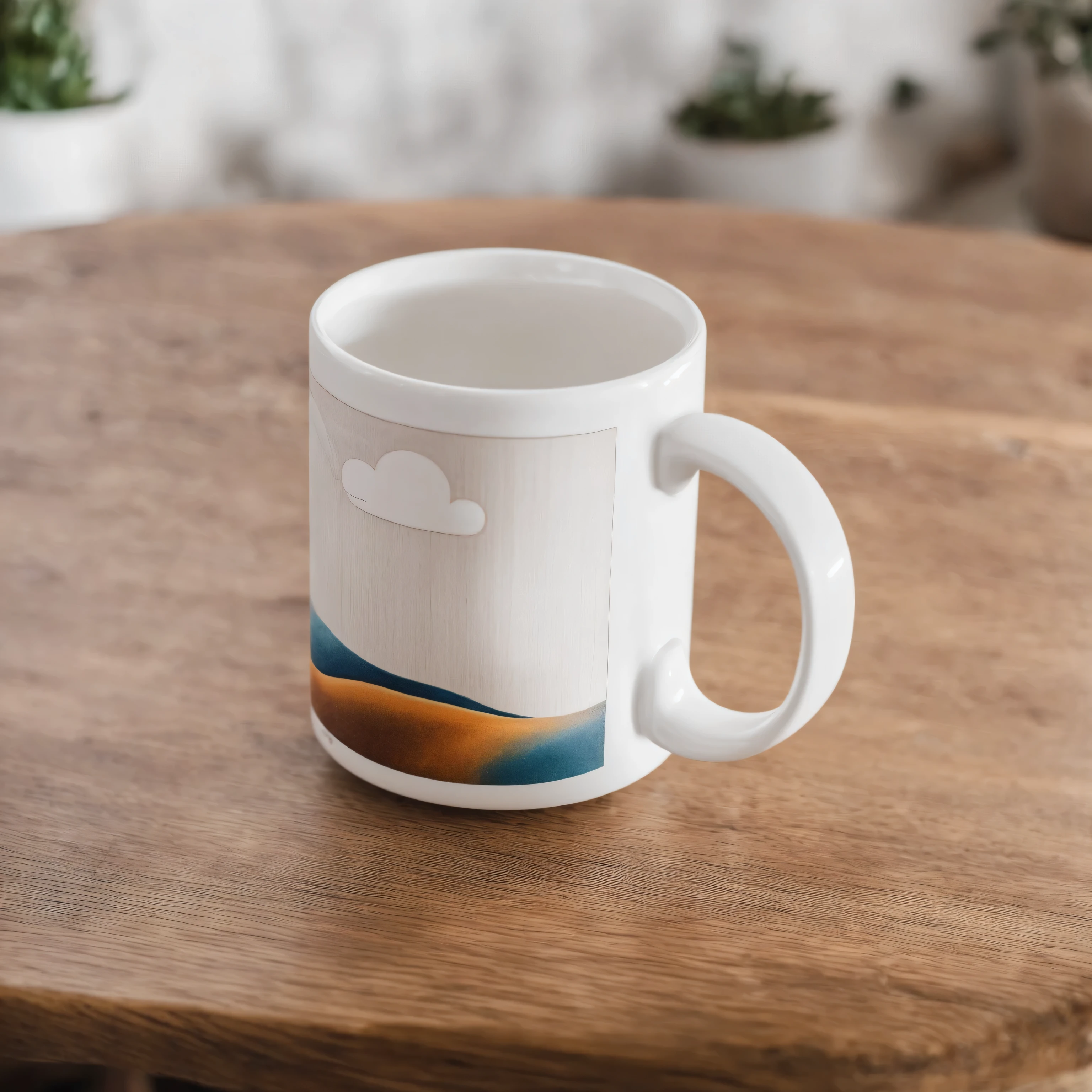 a photo of white mug standing on a wooden desk in a boho interior, realistic, profesional looking, sony a7r photo, shallow depth of field, bright, aesthetic