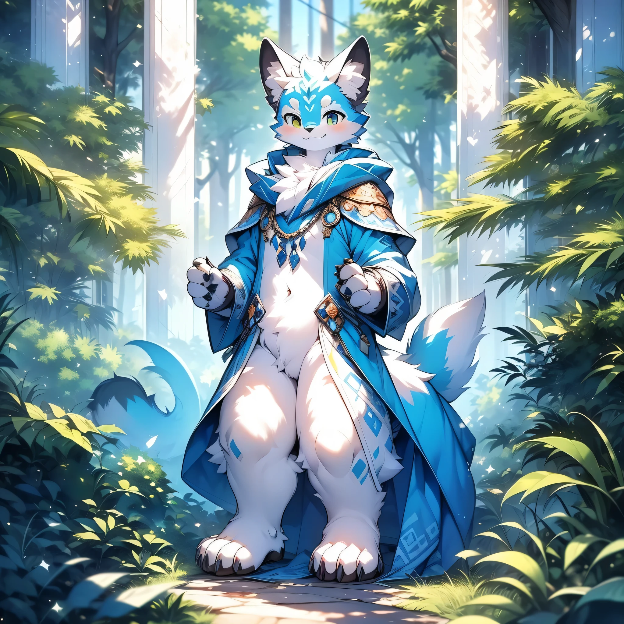 anthropomorphic cat,fluffy fur,Yellow, blue and white patterned fur embellished,Males,Alone,masterpiece,best quality,smiling,Handsome,Energetic,Extremely detailed,standing,perfect,Whole body naked,High,in the forest(8K)