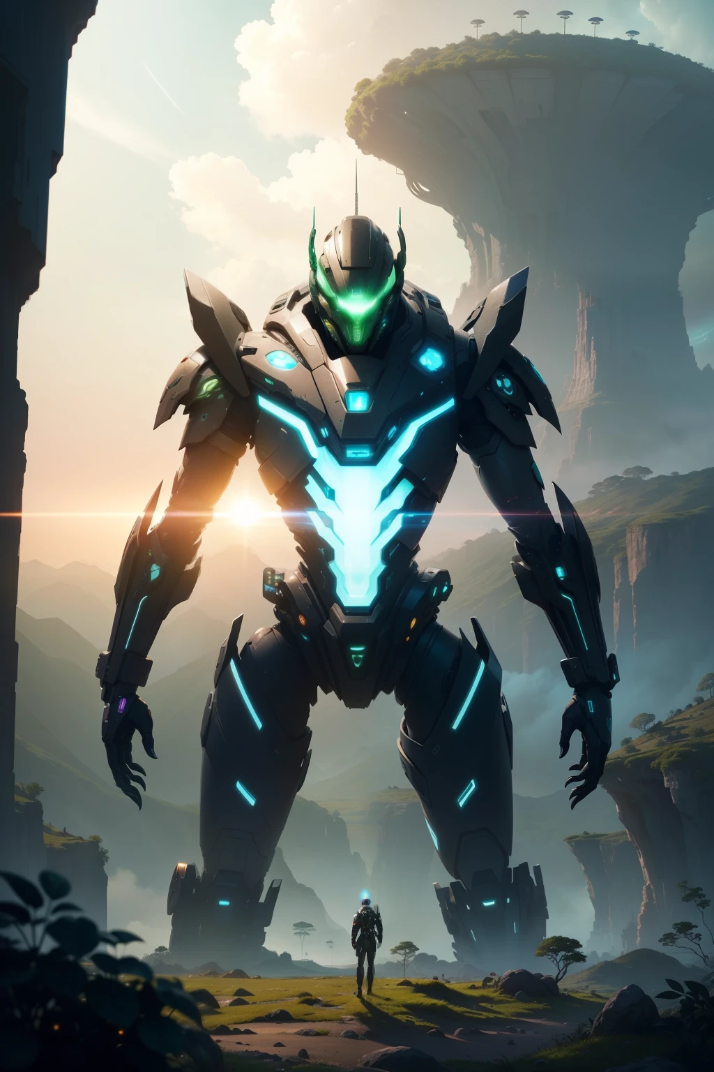Create a picture of a breathtaking, futuristic alien world with exotic vegetation and impressive landscapes that defy the laws of nature, where peaceful alien creatures coexist in harmony with the lush environment and futuristic technological constructions. Giant robots, towering over the landscape, are integrated into the flora and fauna, their metallic exteriors blending seamlessly with the vibrant colors of the alien flora. The sun sets over a valley filled with bioluminescent plants, casting an ethereal glow on the scene. Alien beings, with multiple limbs and translucent skin, engage in quiet conversation as they tend to their technologically advanced gardens, their large eyes reflect