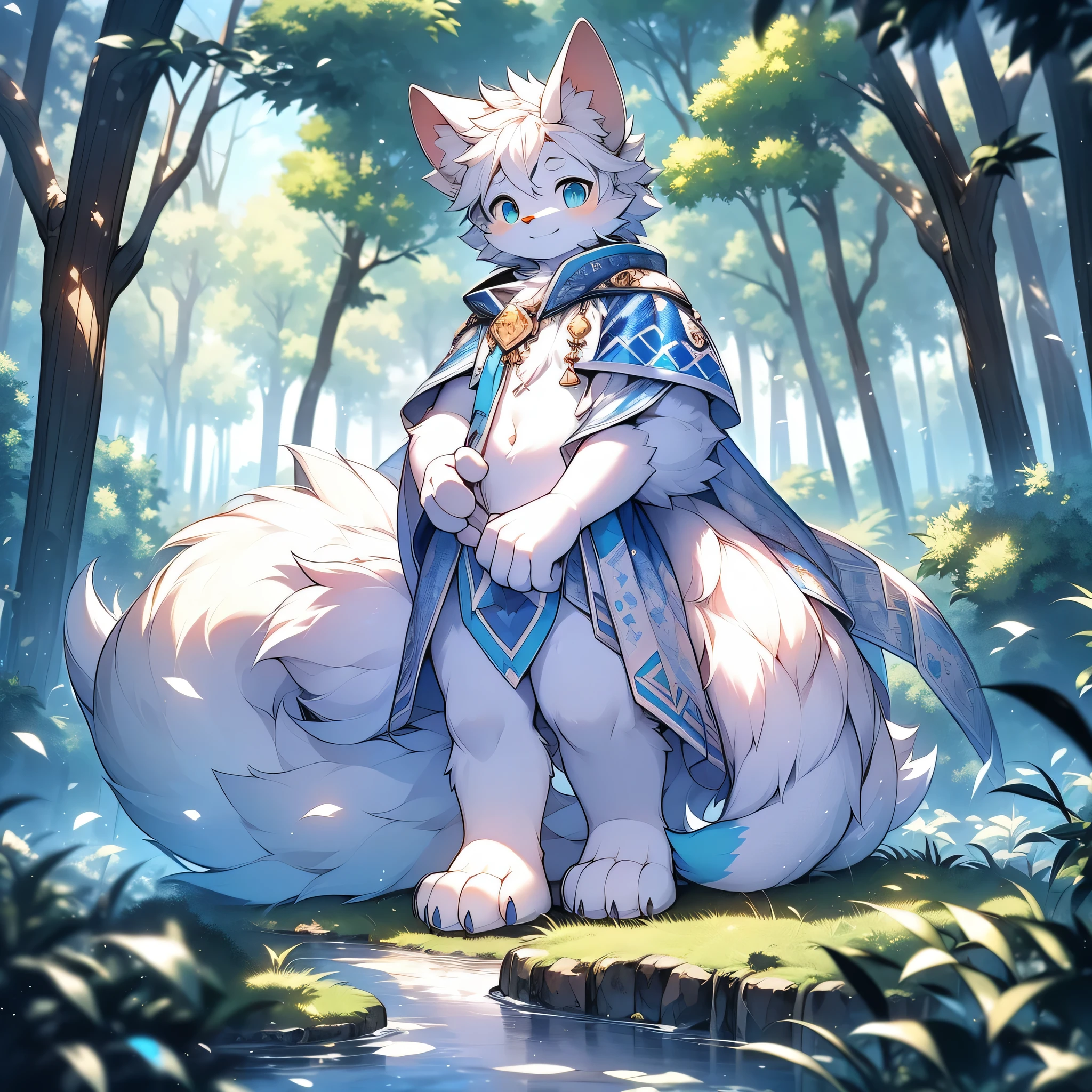 anthropomorphic cat,fluffy fur,Yellow, blue and white patterned fur embellished,Males,Alone,masterpiece,best quality,smiling,Handsome,Energetic,Extremely detailed,standing,perfect,Whole body naked,High,in the forest(8K)