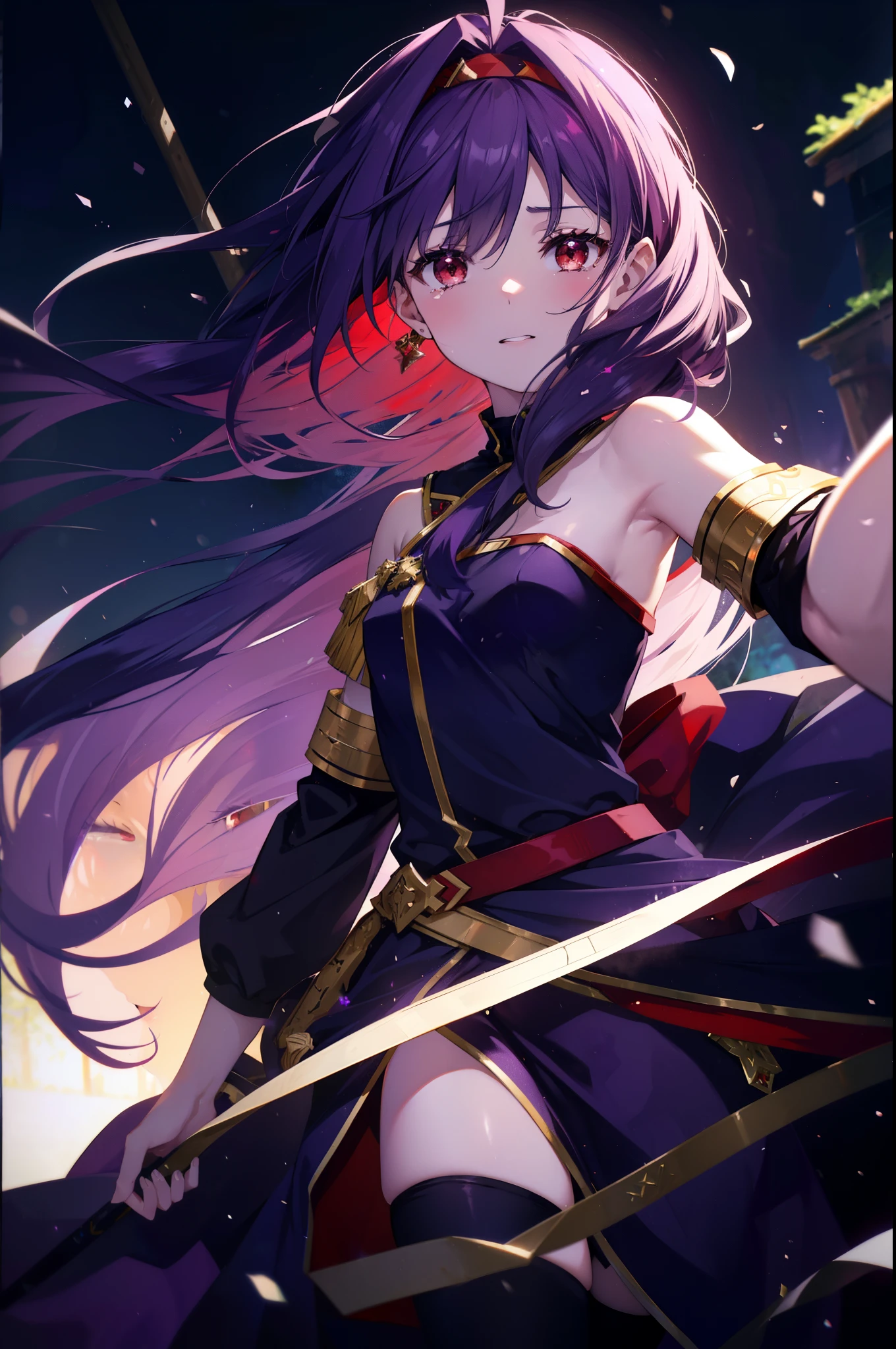 yuukikonno, Yuki Konno, hair band, long hair, pointed ears, purple hair, (red eyes:1.5), (small breasts:1.2), open your mouth,open your mouth,crying with both eyes closed,tears run down her face,嬉し泣き
break black Thighhighs, removed sleeve, Thighhighs, dress, purple dress, armor, purple armor,
break looking at viewer, Upper body, full body,
break outdoors, forest, nature,
break (masterpiece:1.2), highest quality, High resolution, unity 8k wallpaper, (figure:0.8), (detailed and beautiful eyes:1.6), highly detailed face, perfect lighting, Very detailed CG, (perfect hands, perfect anatomy),