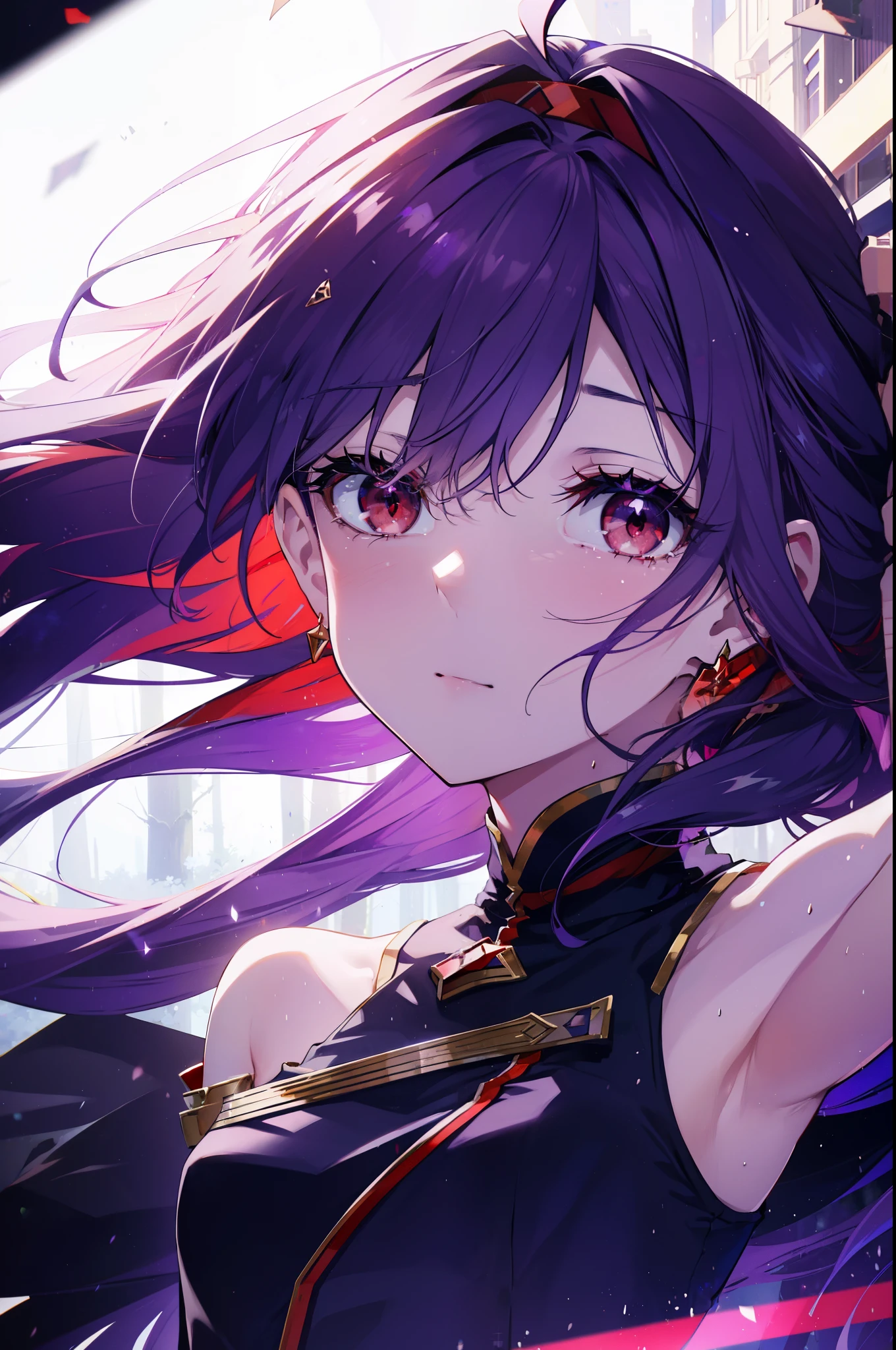 yuukikonno, Yuki Konno, hair band, long hair, pointed ears, purple hair, (red eyes:1.5), (small breasts:1.2), open your mouth,open your mouth,crying with both eyes closed,tears run down her face,嬉し泣き
break black Thighhighs, removed sleeve, Thighhighs, dress, purple dress, armor, purple armor,
break looking at viewer, Upper body, full body,
break outdoors, forest, nature,
break (masterpiece:1.2), highest quality, High resolution, unity 8k wallpaper, (figure:0.8), (detailed and beautiful eyes:1.6), highly detailed face, perfect lighting, Very detailed CG, (perfect hands, perfect anatomy),