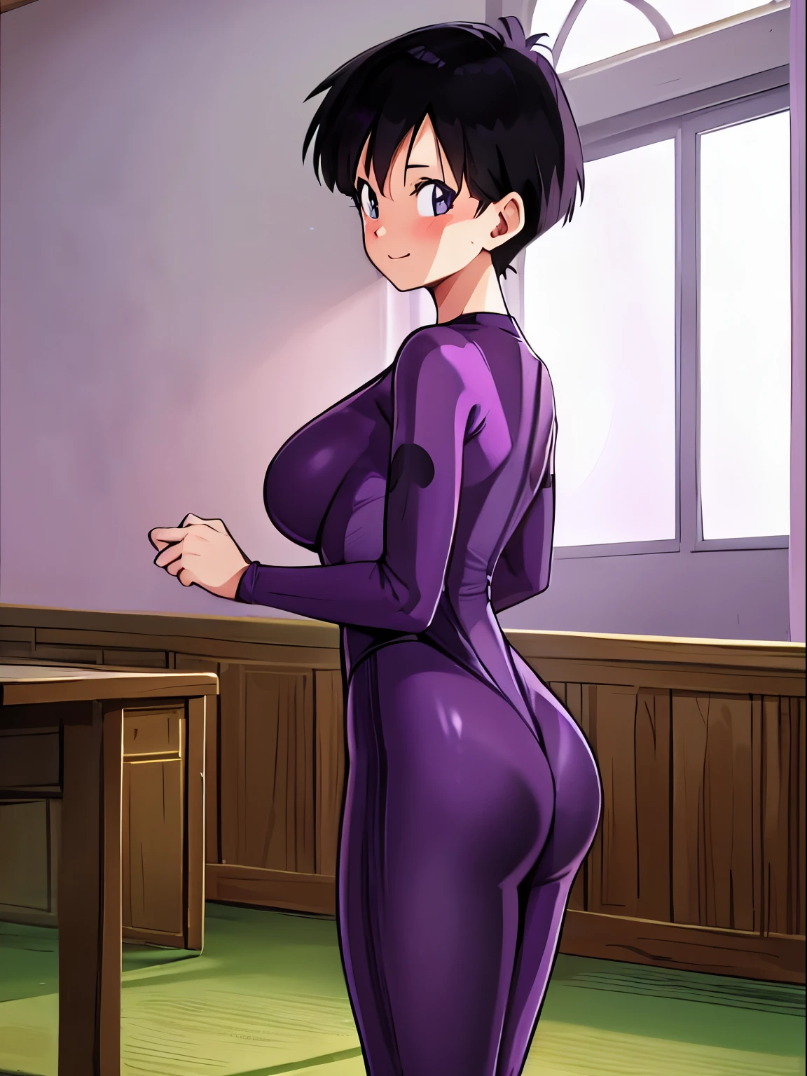 forest,videl,1 girl,Alone,((bright purple tight suit,:1.5)),barefoot,big breasts,smile,blush,Research room,bare hands,Highest image quality,highest quality,Standing,((1 girl:1.4)),open your mouth wide,classroom,butt,back,back view,