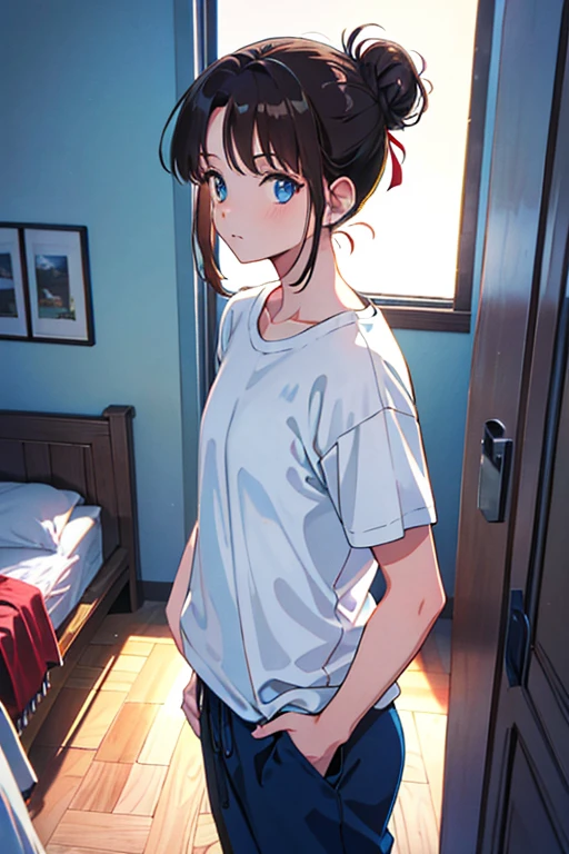 hair bun, brown hair, blue eyes, t-shirt, standing, Fair skin, indoors, bedroom, looking at viewer, 1990s (style), --niji 5  --ar 2:3