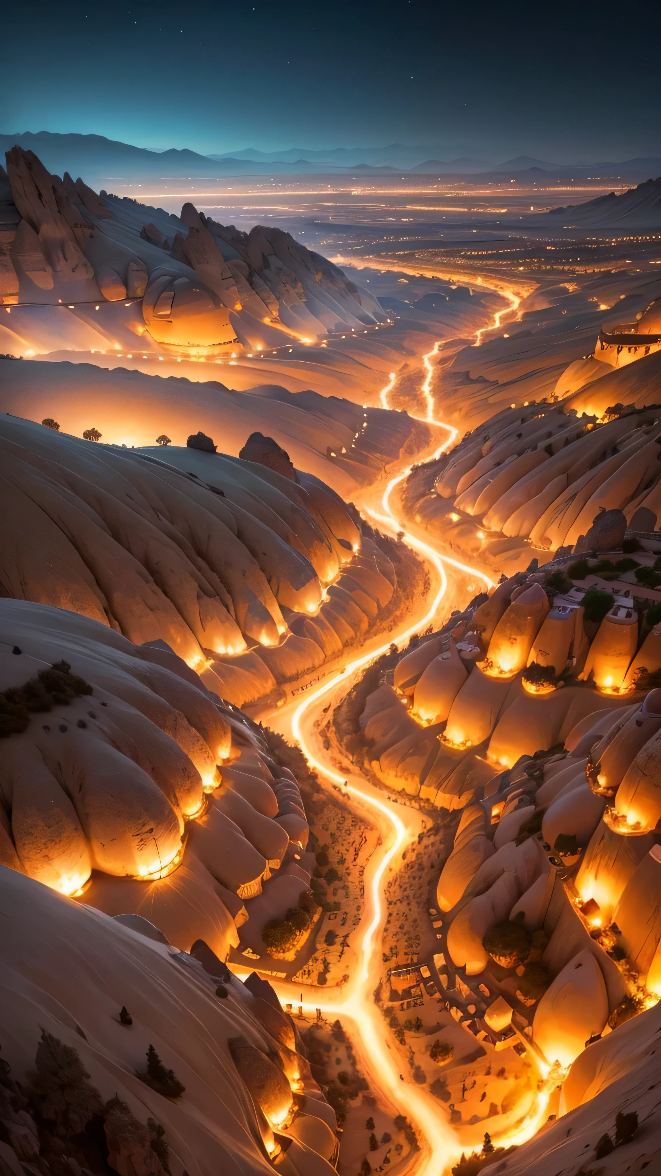 Türkiye's Cappadocia underground sites, twilight sky, 8k, high quality
