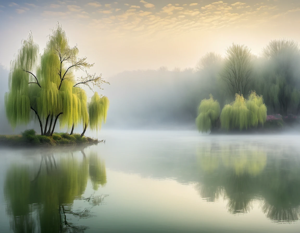  A layer of mist floated on the lake in the early morning，Adds a sense of mystery to the entire scene。Willow trees by the lake are shrouded in fog，A beautiful scene of a spring morning, a time full of life and hope.，Enjoy nature's bounty，Feel the warmth of spring and the intricate textures of beautiful ethereal art in the best quality, Detailed masterpiece high definition high quality art creation