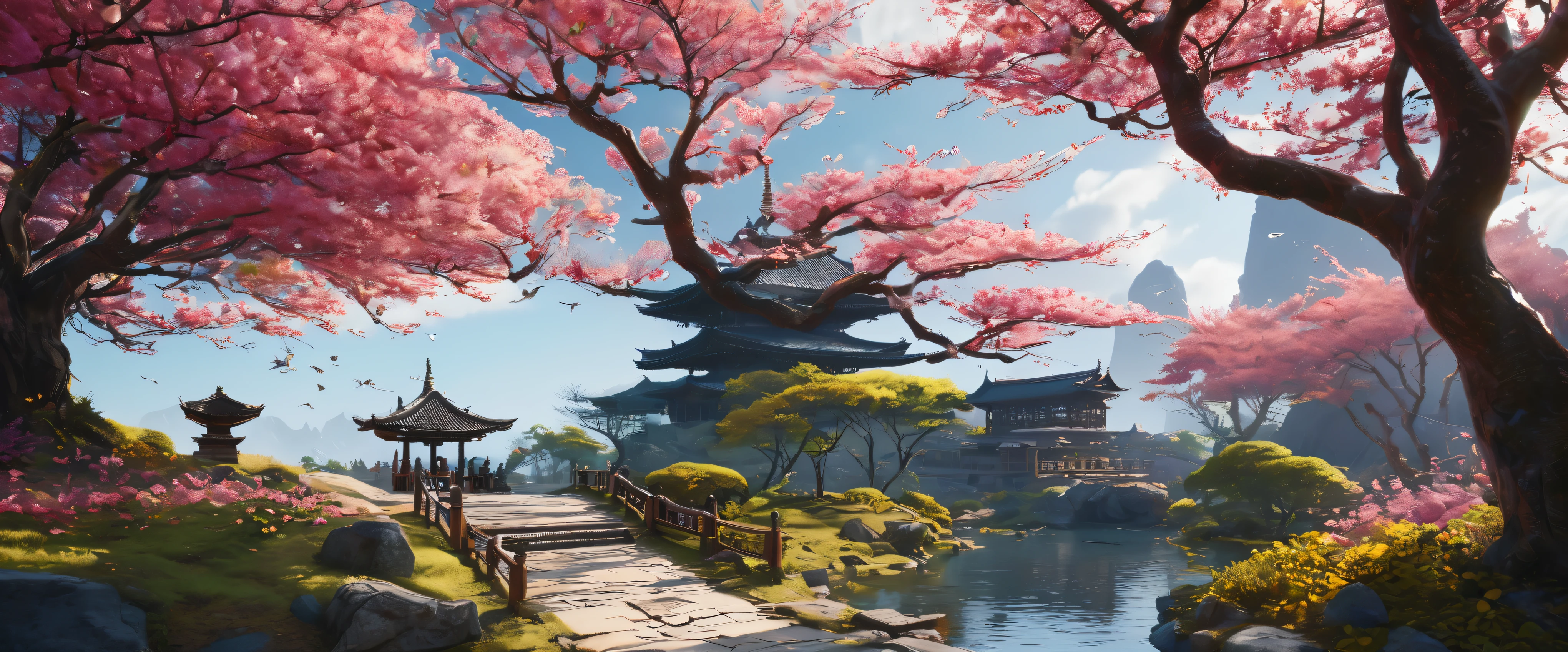 (best quality,8k,highres:1.2),(hyperrealism:1.1),vibrant colors,sharp focus,insanely detailed,(2k1:1.1) style landscape scene,ultra-detailed rendering,impressively lifelike,rich and dynamic colors,epic beauty,meticulous composition of elements,Official Art, Unified 8k Wallpaper, Ultra Detailed, Beautiful and Aesthetic, High Quality, Beautiful, Masterpiece, Best Quality, best quality, mastery, detailed hair, highres, Japanese themed miniatures, garden landscape, bonsai, sakura trees, white birds flying, Japanese temples, sun, clouds, color codes : FF0071CC, FFA13B1C, FFCE9F45. Blank white background. , colorful anime movie background, concept art stunning atmosphere, cinematic silk road lanscape,impressive level of intricate details,perfectly captured reflections,flawlessly executed lighting and shadows,immersive sense of depth and dimensionality,extraordinary level of realism creating a mesmerizing visual experience.