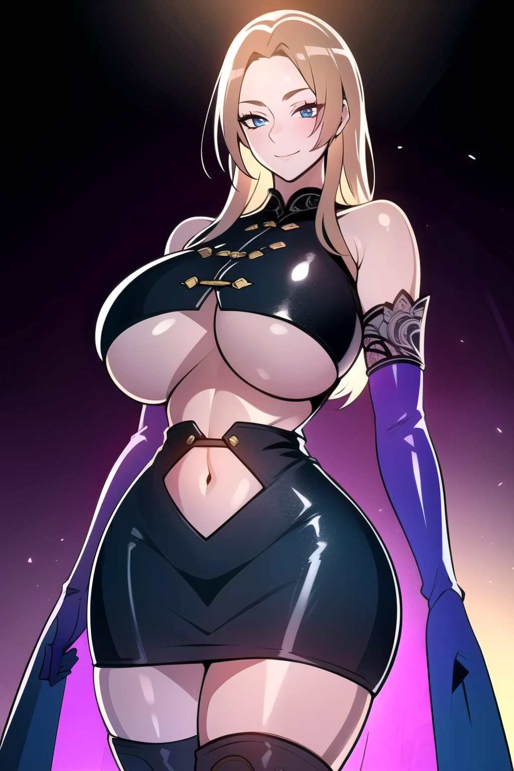 ultra realistic 8k cg, masterpiece, (( intricate detail, highly detailed, fine details best quality, hyperdetailed face)), gigantic breasts ,beautiful lighting, absurdres, BoaHancockV2, 1girl, solo, (blond hair), long hair, jewelry, closed mouth, ), (chinese dress, (underboob : 1.4), elbow gloves, thigh boots, split skirt, bare shoulders, curvy, midriff, curvy, thighs, shiny clothes), blue eyes, (complex detailed background, inside, luxury palace), ((cowboy shot)), curvy, (gigantic breasts: 1.1), seductive smile, cowboy shot,