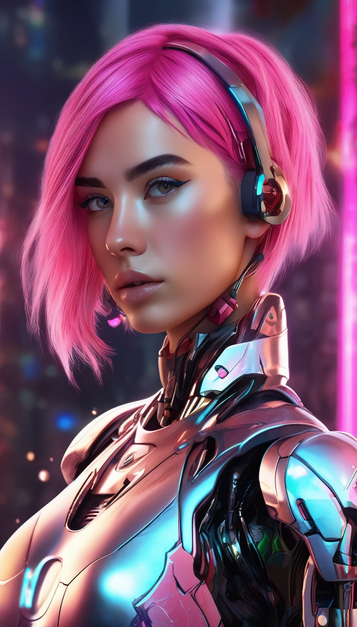 8k portrait of beautiful (cyborg) with pink hair, (Dua Lipa) , mecha musume scifi body suit, pauldrons, intricate, elegant, highly detailed, majestic, digital photography, art by artgerm and ruan jia and greg rutkowski surreal painting reflective, hairpin jewel, broken glass, (masterpiece, sidelighting, finely detailed beautiful eyes: 1.2), hdr,