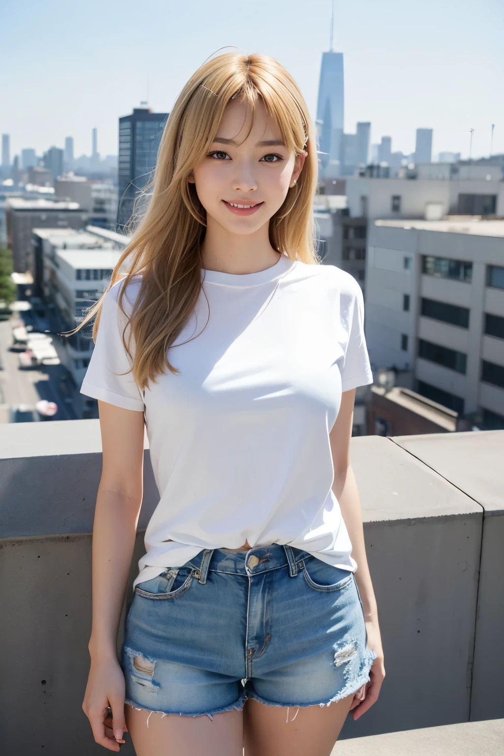 highest quality, masterpiece, 8K, ultra high resolution, (realistic: 1.4), 1 girl, beautiful face, symmetrical eyes, big, perfect body proportions,((Soryu Asuka Langley,interface headset,Tight knit、shorts:1.4,blonde)), (On the rooftop of a city、blurred background), Dance to the music、Front view, Absolute area (1.3),friendly smile、seems kind、cowboy shot