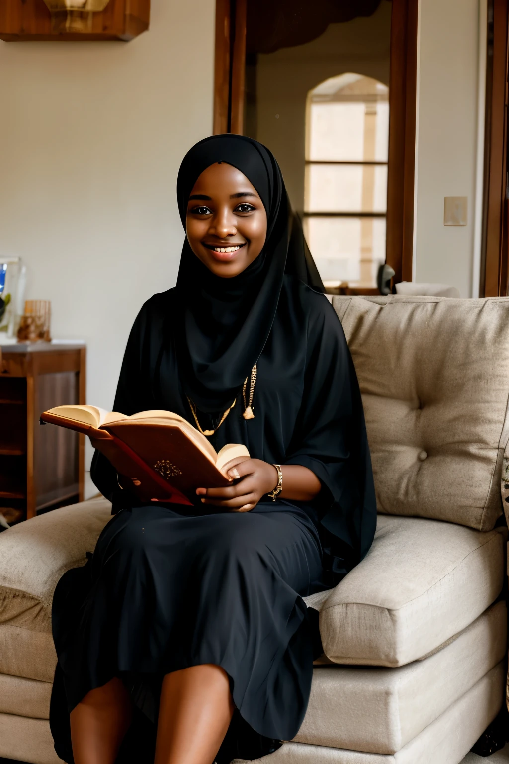 beautiful black girl of Muslim religion, smiling, attractive and pious, holds a book in her hand, sitting on a chair in the living room