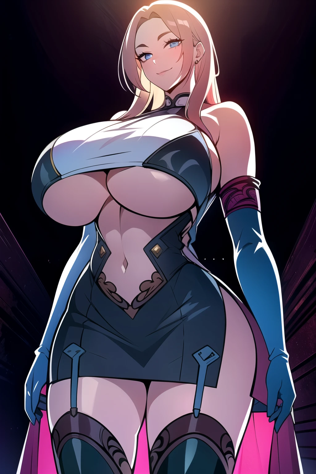 ultra realistic 8k cg, masterpiece, (( intricate detail, highly detailed, fine details best quality, hyperdetailed face)), gigantic breasts ,beautiful lighting, absurdres, BoaHancockV2, 1girl, solo, (blond hair), long hair, jewelry, closed mouth, ), (chinese dress, (underboob : 1.4), elbow gloves, thigh boots, split skirt, bare shoulders, curvy, midriff, curvy, thighs, shiny clothes), blue eyes, (complex detailed background, inside, luxury palace), ((cowboy shot)), curvy, (gigantic breasts: 1.1), seductive smile, cowboy shot,