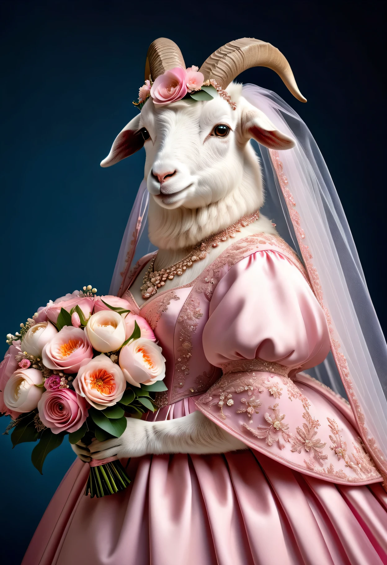 photorealistic portrait of Dressed animals - a ((fat)) goat,(elegant pose:1.2 ),(flurry :1.2), high quality,(lovely) ,intricate details, highly detailed ((pink wedding dress)), wearing opera globes ,wearing highly detailed veil, highly detailed decorations ,holding flower bouquet, (happy), studio lighting,()