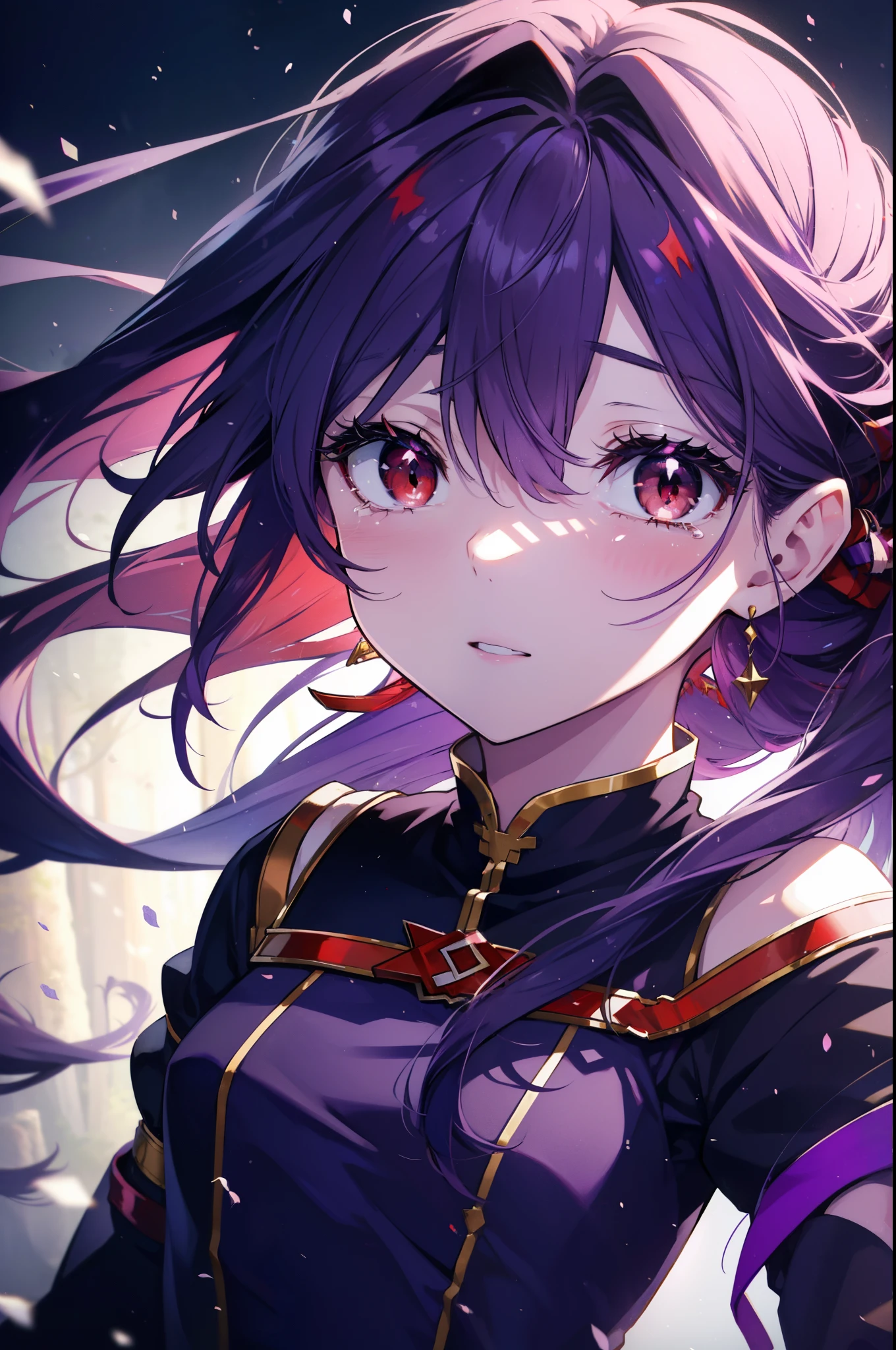 yuukikonno, Yuki Konno, hair band, long hair, pointed ears, purple hair, (red eyes:1.5), (small breasts:1.2), open your mouth,open your mouth,crying with both eyes closed,tears run down her face,嬉し泣き
break black Thighhighs, removed sleeve, Thighhighs, dress, purple dress, armor, purple armor,
break looking at viewer, Upper body, full body,
break outdoors, forest, nature,
break (masterpiece:1.2), highest quality, High resolution, unity 8k wallpaper, (figure:0.8), (detailed and beautiful eyes:1.6), highly detailed face, perfect lighting, Very detailed CG, (perfect hands, perfect anatomy),