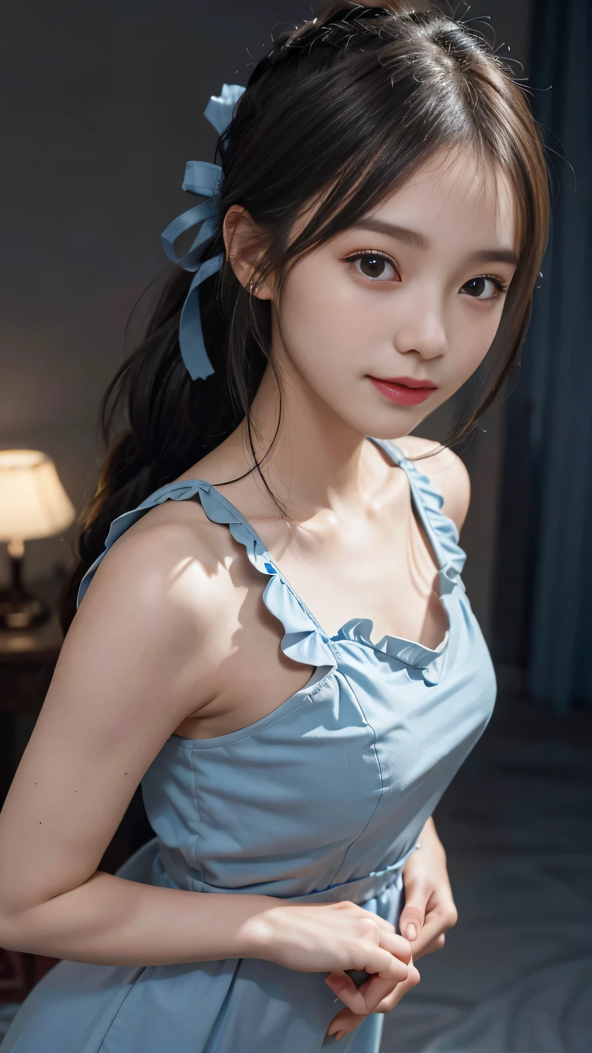 not showing one's feet,standing on stage,Blue colored long dress with lots of ruffles,One woman,masutepiece, The highest image quality, High quality, the background is clear,Beautiful woman, Japanese, Detailed, Detailed eyes, Detailed skin, Beautiful skin, 超hight resolution, (reality: 1.4),Very beautiful woman, Slightly younger face, Beautiful skin, slender, (Ultra photo realsisim), (hight resolution), (8K), (Very detailed) (beautifully detailed eyes), (super detailed), (Detailed face), view the viewer, Fine details, Detailed face, Staring straight ahead, Staring straight ahead, photos realistic, Bright lighting, Professional Lighting, Black hair,poneyTail,a baby face,fifteen years old,Hairstyle is ponytail,long ponytail hairstyle,slight smile,neat and tidy clothing,Beautiful Japanese KPOP idol photo, hair style is ponytail, my eyes are double and wide, baby face, smile and look straight ahead, slender, small breasts,close up face,Blue ribbon on head,
