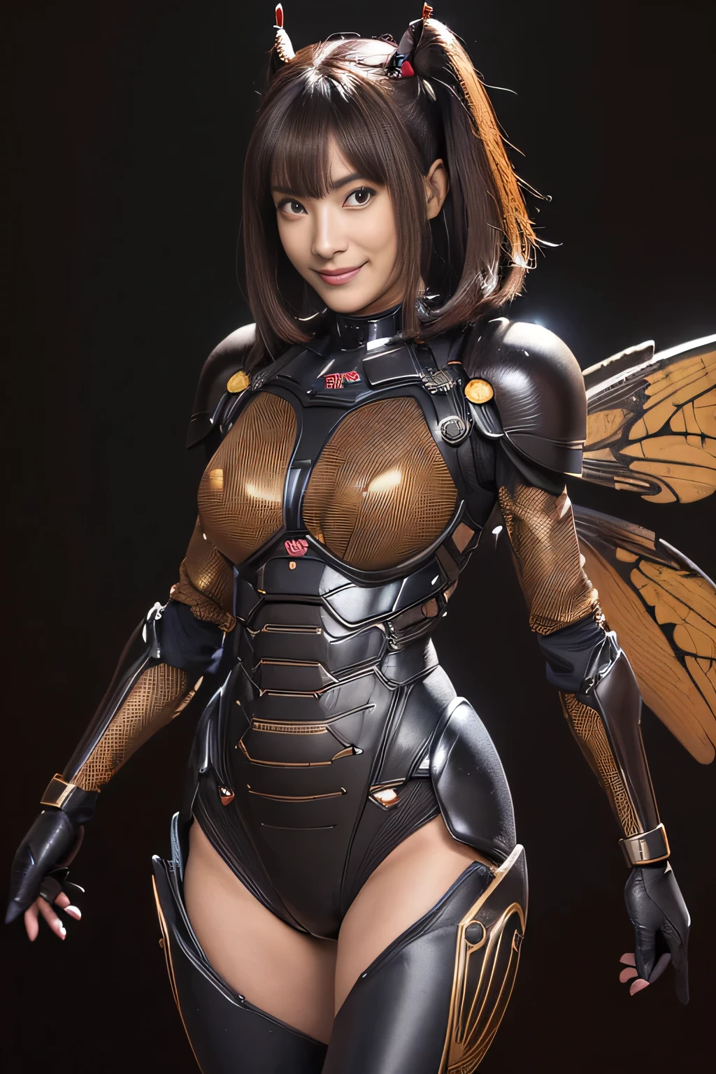 (high resolution,masterpiece,best quality,extremely detailed CG, anime, official art:1.4), realistic, photo, amazing fine details, all intricate, gloss and shiny,awesome many layers, 8k wall paper, 3d, sketch, kawaii, illustration,( solo:1.4), perfect female proportion,villainess, (fusion of dark brown cockroach and lady:1.4), (brown cockroach form lady:1.2), (brown cockroach lady:1.2), (fusion:1.2), (solo:1.4), (evil smile:1.2), muscular, abs, (cockroach brown exoskeleton bio insect suit:1.4), (cockroach brown exoskeleton bio insect armor:1.2), (brown transparency cockroach wing:1.4), (brown cockroach antennae:1.3),