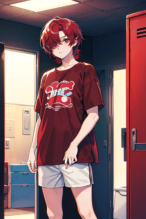 hair over one eye, red hair, brown eyes, t-shirt, standing, Fair skin, indoors, locker room, looking at viewer, 1990s (style), --niji 5  --ar 2:3
