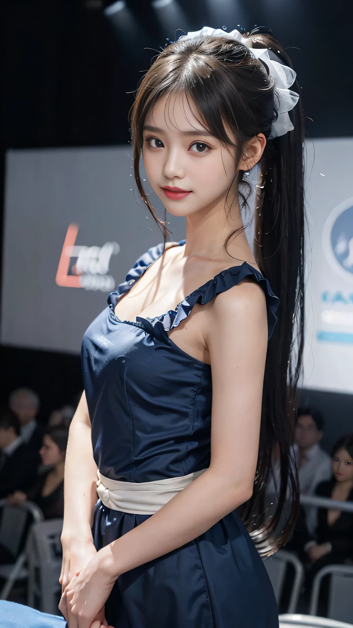 not showing one's feet,standing on stage,Blue colored long dress with lots of ruffles,One woman,masutepiece, The highest image quality, High quality, the background is clear,Beautiful woman, Japanese, Detailed, Detailed eyes, Detailed skin, Beautiful skin, 超hight resolution, (reality: 1.4),Very beautiful woman, Slightly younger face, Beautiful skin, slender, (Ultra photo realsisim), (hight resolution), (8K), (Very detailed) (beautifully detailed eyes), (super detailed), (Detailed face), view the viewer, Fine details, Detailed face, Staring straight ahead, Staring straight ahead, photos realistic, Bright lighting, Professional Lighting, Black hair,poneyTail,a baby face,fifteen years old,Hairstyle is ponytail,long ponytail hairstyle,slight smile,neat and tidy clothing,Beautiful Japanese KPOP idol photo, hair style is ponytail, my eyes are double and wide, baby face, smile and look straight ahead, slender, small breasts,close up face,Blue ribbon on head,
