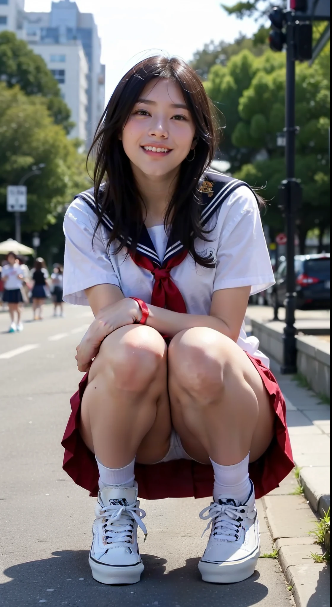 I can see white panties、outdoor、body facing the camera.、beautiful girl, high school girl, Reality, very detailedCG統一8k壁紙, High definition raw color photo, professional photos, realistic portrait, beautiful detailed girl, (beautiful breasts:), (red check skirt:1.2), (Crouching:1.5), (短い靴下とvans sneakers:1.5) , school girl, (best quality:1.4), super detail, high quality, muste piece, (Photo seen from below:1.2)、baby face、smile、Super high quality、panty focus、Squat down with your heels on the ground、highest quality, masterpiece, ultra high resolution, (realistic:1.4), Raw photo, very detailed, perfect anatomy, 

1 girl, 16 years old, most popular japanese idols, ((Squatting in the park, put your hand on your head)), leg details, innocent smile, looking at the viewer, 

(Wearing a red checked pleated skirt, She is wearing a sailor uniform with a cute design.、vans sneakers), (Detailed red checked pleated skirt, detailed かわいいデザインのhigh school girlの制服、detailed sneakers),  

very thin and beautiful thighs,, very slender and beautiful legs, Very beautiful and perfect body, very cute face, Amazingly beautiful big black and round eyes, very beautiful black hair, very beautiful white skin、Detailed thighs, Beautiful legs with attention to detail