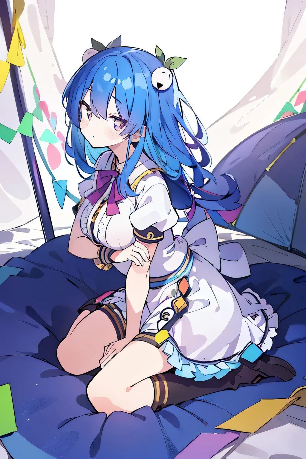 (masterpiece),best quality, expressive eyes, perfect face,sit, sit on ground, legs on the ground, 1girl,
big breasts, H cup, Good breasts, arms crossed, Fair, Gorgeous,japanese manga,girl,Laura,young angel, blue hair, blue haired,tent , tent chest, tent breast, floating clothes