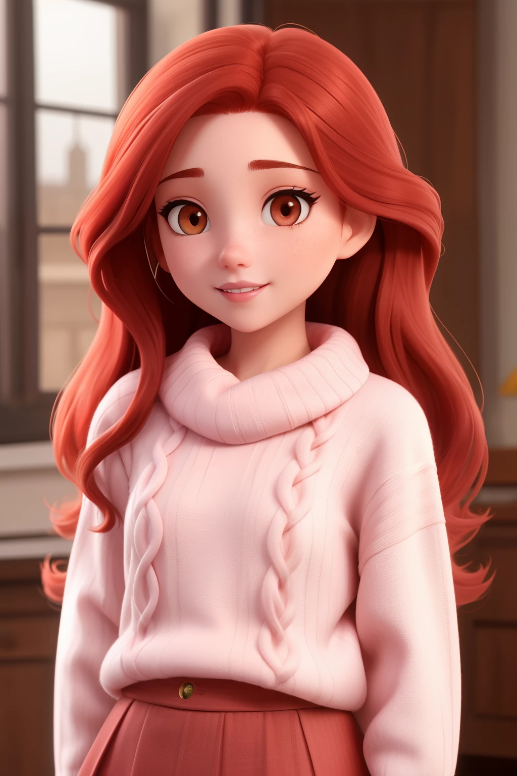 Girl, long red hair, brown eyes, sharp features, white skin, pink lips, sweater