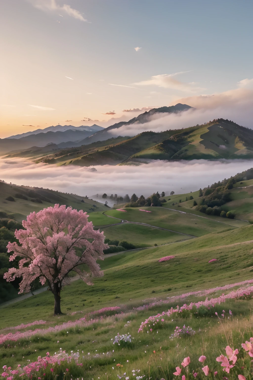 a branch of an apple tree with pink flowers below is a meadow full of beautiful flowers on the horizon there are mountains in the fog with the rising sun bright colors romantic style