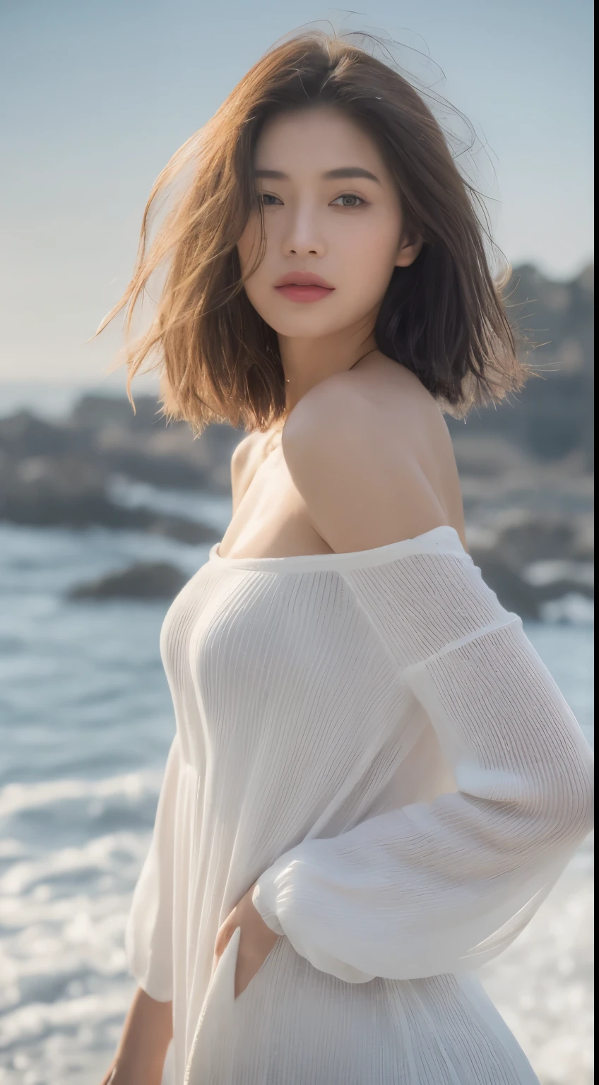 Best quality, masterpiece, ultra high res, (photorealistic:1.5), raw photo, 1girl, beach, deep shadow, low key, cold light, sexy look, short hair, lingerie