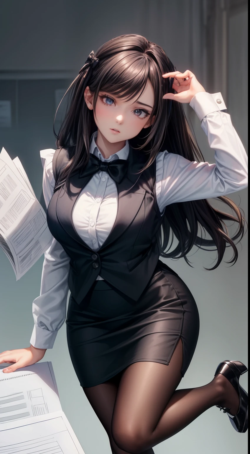 1 girl, alone, 25 years old, highest quality, Super detailed, 8K, High resolution, detailed face, black hair, (((half up))) (((office leadie, Business service, vest, bow tie, pencil skirt, pumps))), at work, have a stack of paper,