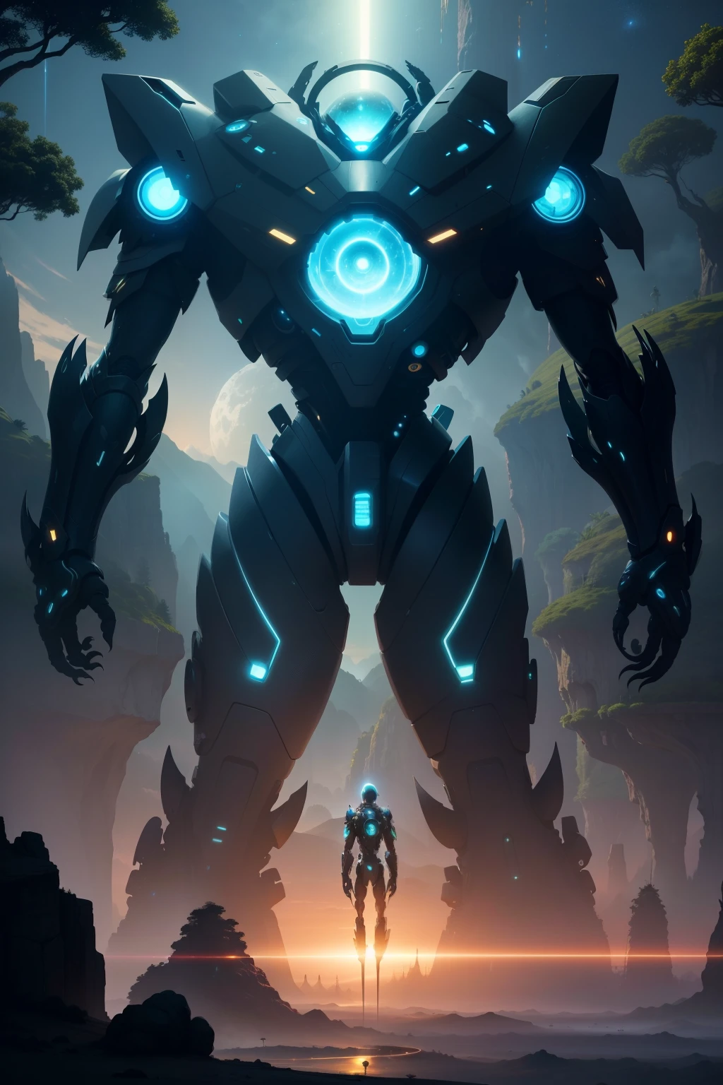 Create a picture of a breathtaking, futuristic alien world with exotic vegetation and impressive landscapes that defy the laws of nature, where peaceful alien creatures coexist in harmony with the lush environment and futuristic technological constructions. Giant robots, towering over the landscape, are integrated into the flora and fauna, their metallic exteriors blending seamlessly with the vibrant colors of the alien flora. The sun sets over a valley filled with bioluminescent plants, casting an ethereal glow on the scene. Alien beings, with multiple limbs and translucent skin, engage in quiet conversation as they tend to their technologically advanced gardens, their large eyes reflect