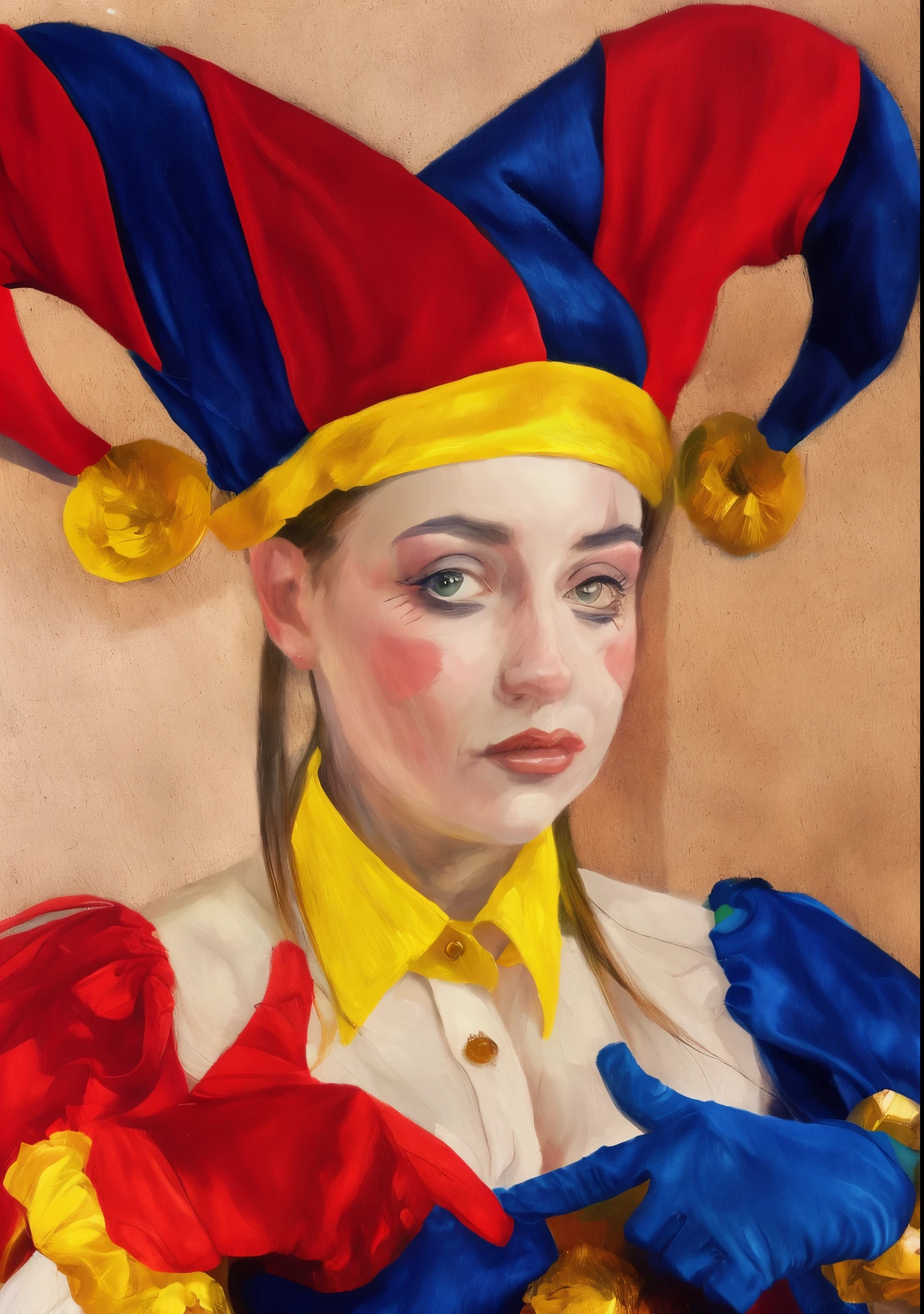 a portrait of a cute jester girl, portrait of a jester girl, the face of a girl, a photo portrait of a jester, impressionist painting,(PaintStyle4:0.265)