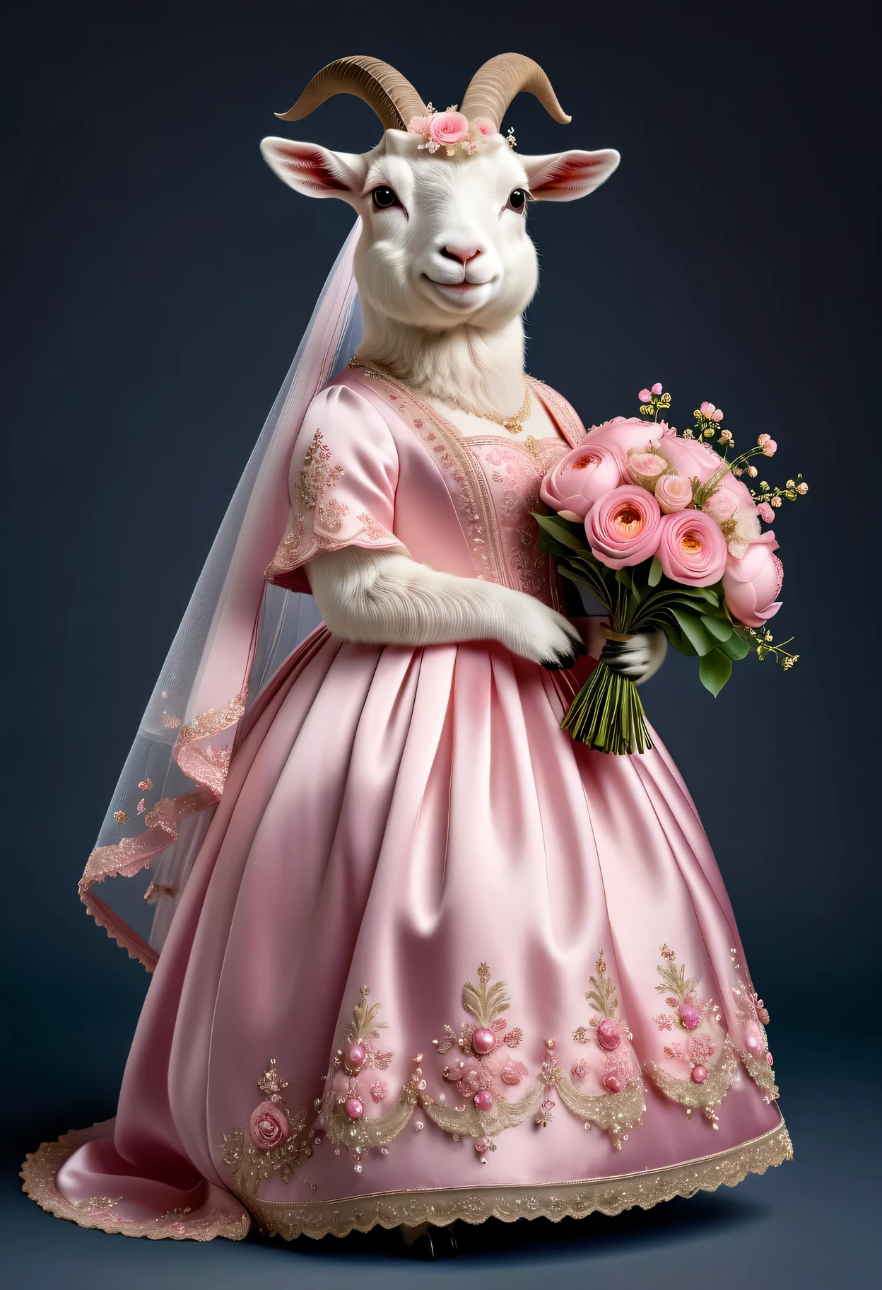 photorealistic portrait of Dressed animals - a ((fat)) cute goat,(elegant pose:1.2 ),(flurry :1.2), high quality,(lovely) ,intricate details, highly detailed (( pink wedding dress)), wearing opera globes ,wearing highly detailed veil, highly detailed decorations ,holding flower bouquet, (happy), studio lighting,(full body image:1.5)