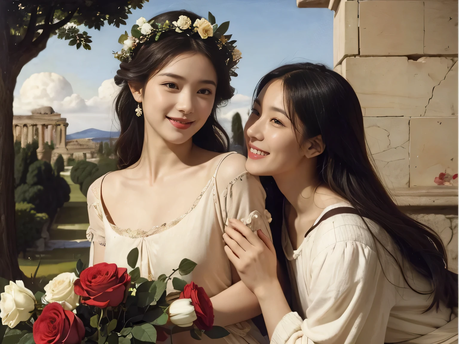 Giorgione painting style,Arguments of two female Philosophe,math、astronomical machine、astronaut、roses in vase、fruits、Cute trinkets、smile、ancient greek costume、Ancient Roman landscape in the style of Nicolas Poussin,laughter,,Sweet and seductive appearance.、Caravaggio's paintings、Chiaroscuro of Caravaggio、hair tousled by the wind,Two women frolicking,cute smile, expression of ecstasy,Sexy,erotic