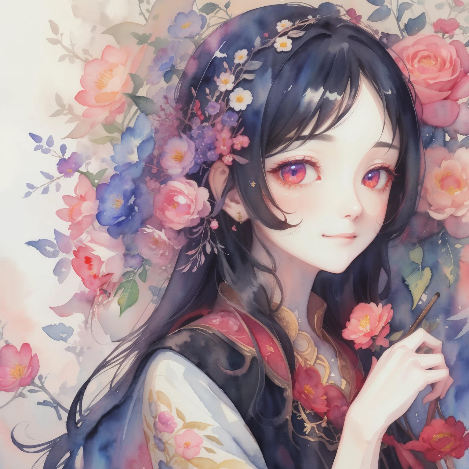 best pictures、illustration、detail、(watercolor painting:1.4)、(Hand Painted:1.2)、(Watercolor brush bristles)、 Masterpiece: 1.7, top quality、solo、facing forward、Looking to the future、ish、sketch、paper texture、ultra high resolution、extra detaild face、Highly detaild eyes、flat color、limited pallet、high contrast、realistic、best lighting、welcome、beautiful、goblin、a mature woman、beautiful woman、Red gemstone eyes、black hair、straight hair、blue gemstone、a little smile、Blanche:1.5、(Zentangle、mandala、dispute、twist:1)、flowers in background、many flowers
