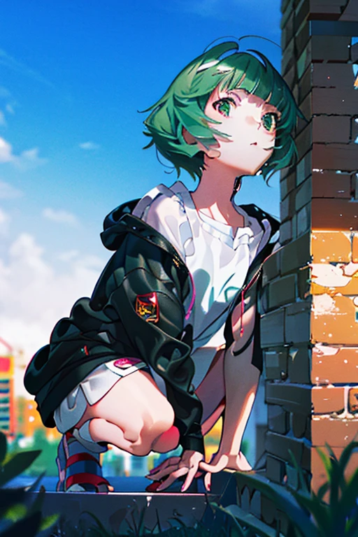 blunt bangs, green hair, pink eyes, hoodie, standing, Fair skin, outdoors, rooftop, looking at viewer, 1990s (style), --niji 5  --ar 2:3
