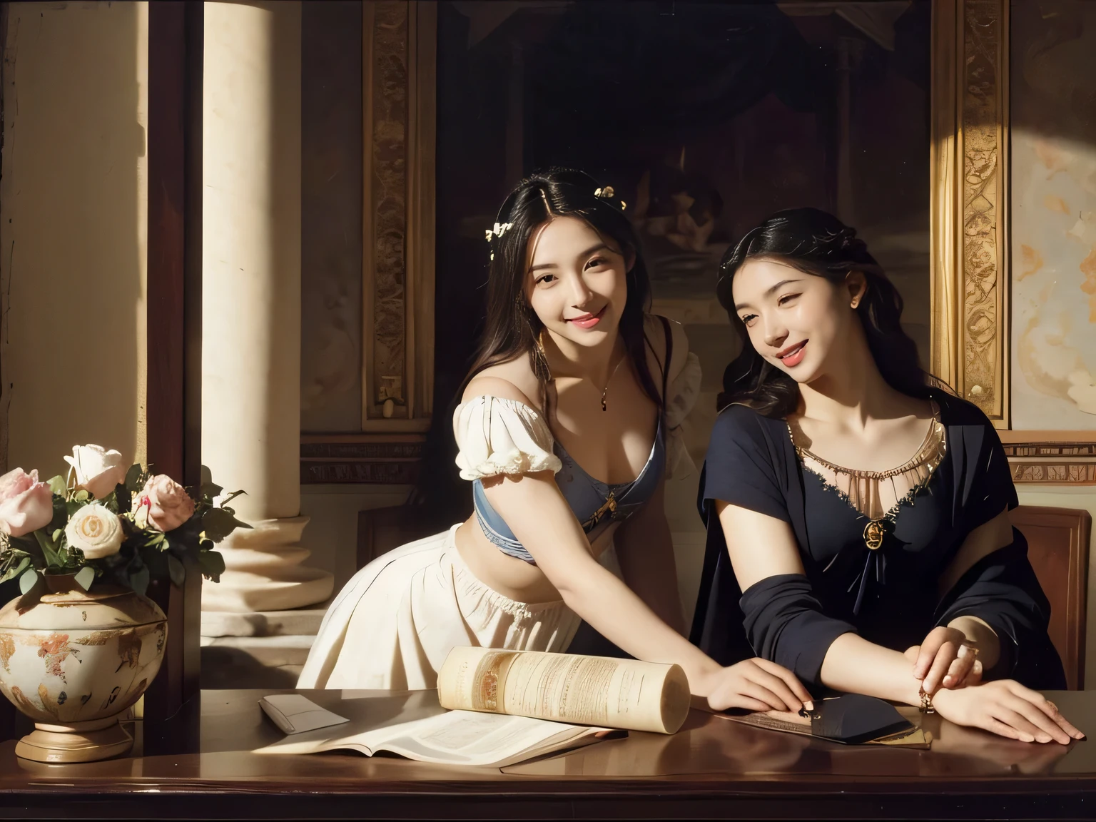Giorgione painting style,Arguments of two female Philosophe,math、astronomical machine、astronaut、roses in vase、fruits、Cute trinkets、smile、ancient greek costume、Ancient Roman landscape in the style of Nicolas Poussin,laughter,,Sweet and seductive appearance.、Caravaggio's paintings、Chiaroscuro of Caravaggio、hair tousled by the wind,Two women frolicking,cute smile, expression of ecstasy,Sexy,erotic