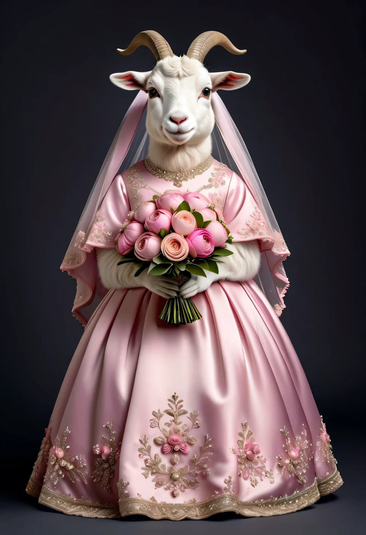 photorealistic portrait of Dressed animals - a ((fat)) cute goat,(elegant pose:1.2 ),(flurry :1.2), high quality,(lovely) ,intricate details, highly detailed (( pink wedding dress)), wearing opera globes ,wearing highly detailed veil, highly detailed decorations ,holding flower bouquet, (happy), studio lighting,(full body image:1.5)